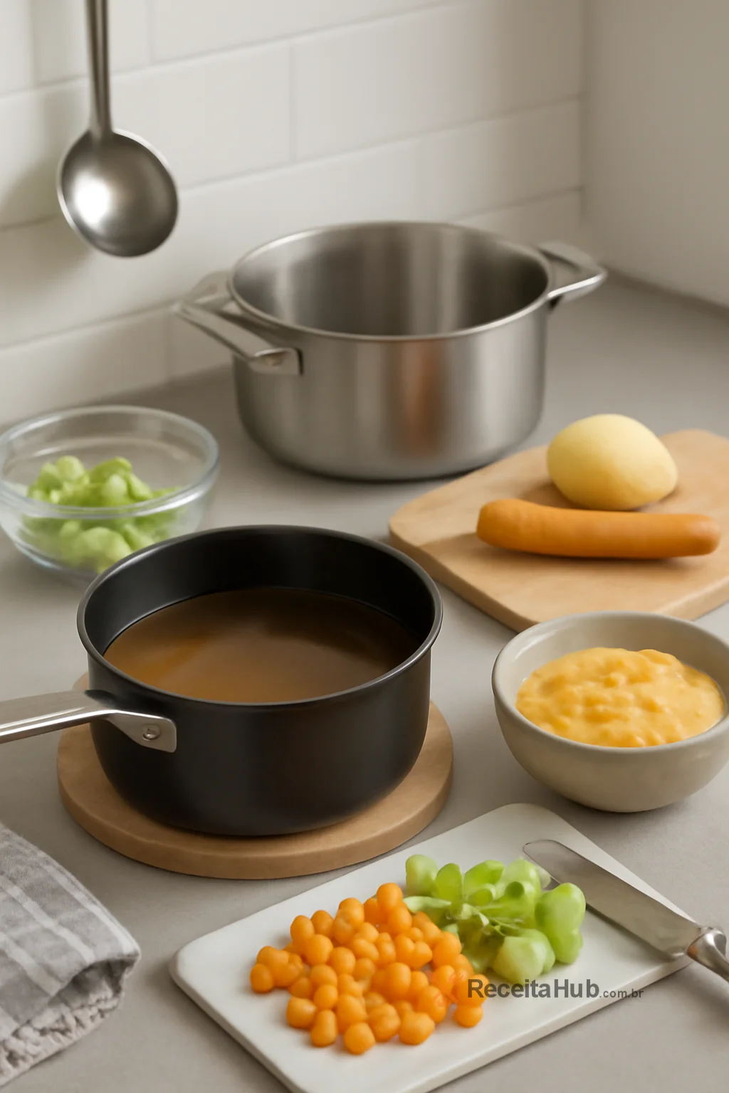 Caldo claro vegetariano com purê de legumes: técnica