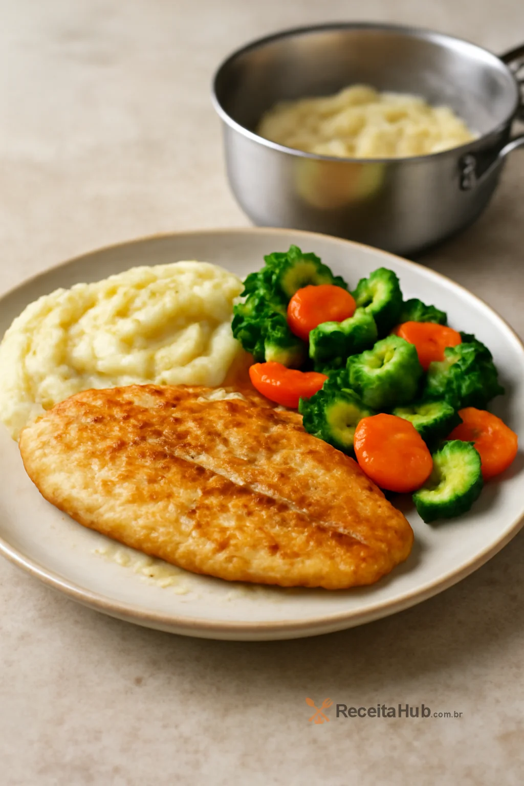 Filé de peixe com purê de couve-flor e legumes | ReceitaHub