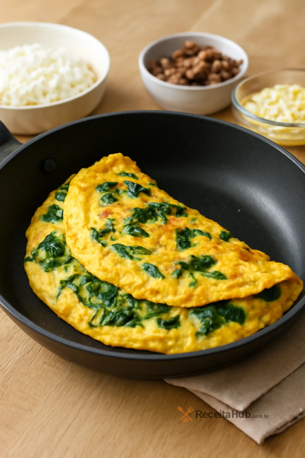 Omelete rápida de frigideira com queijo e espinafre | ReceitaHub