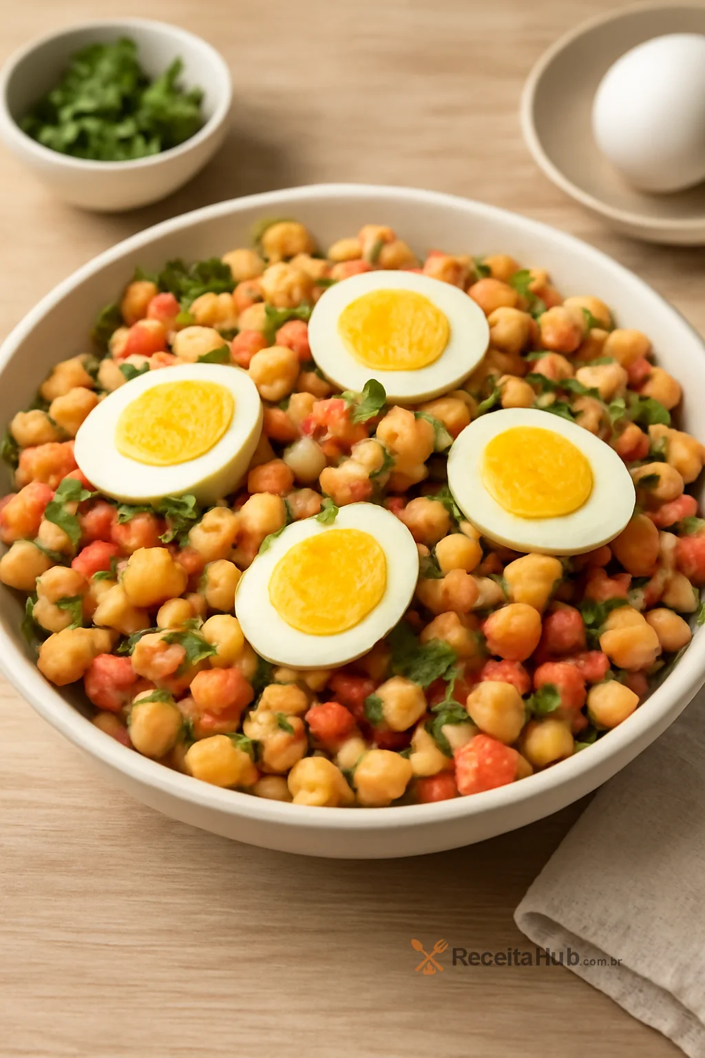 Salada de grão-de-bico com atum e ovo cozido | ReceitaHub