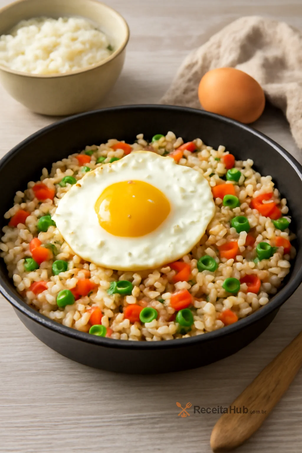 Arroz com ovo e legumes em 3 ingredientes | ReceitaHub